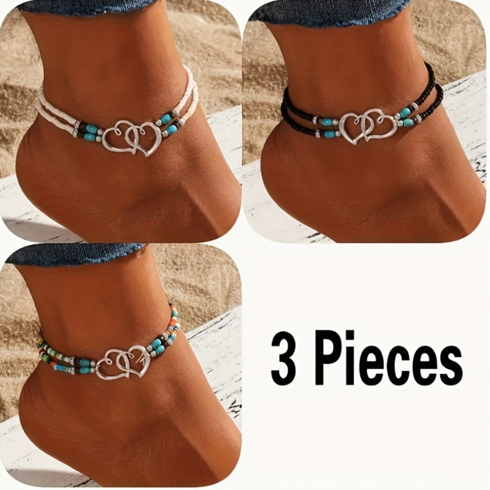 Boheemse Elastische Enkelbandjes Set – Natuurlijke Kristallen en Dubbele Harten