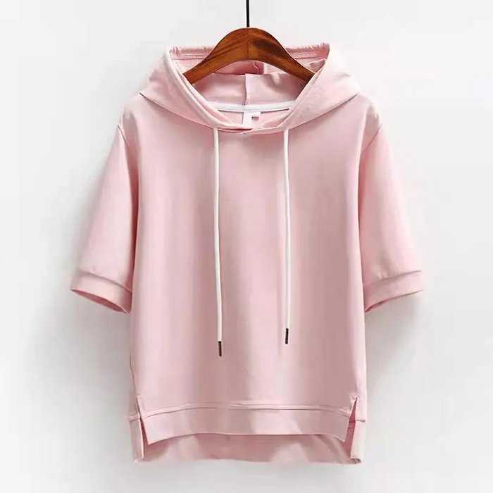 Sweat à capuche pour femmes à manches courtes en mélange de coton respirant et coupe boxy