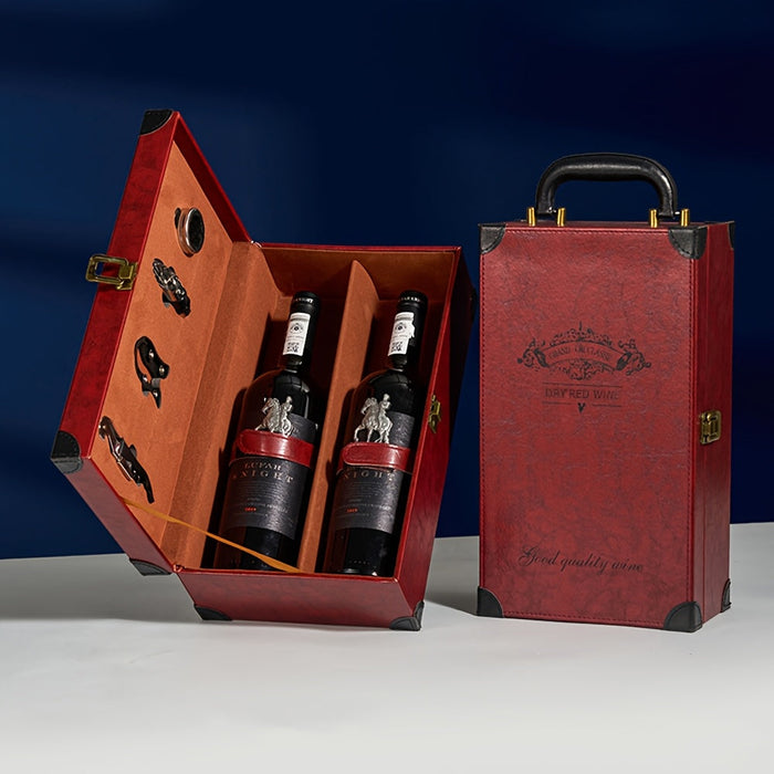 Classic 2-Flessen Wijndrager met Accessoires – Draagbare Cadeaubox