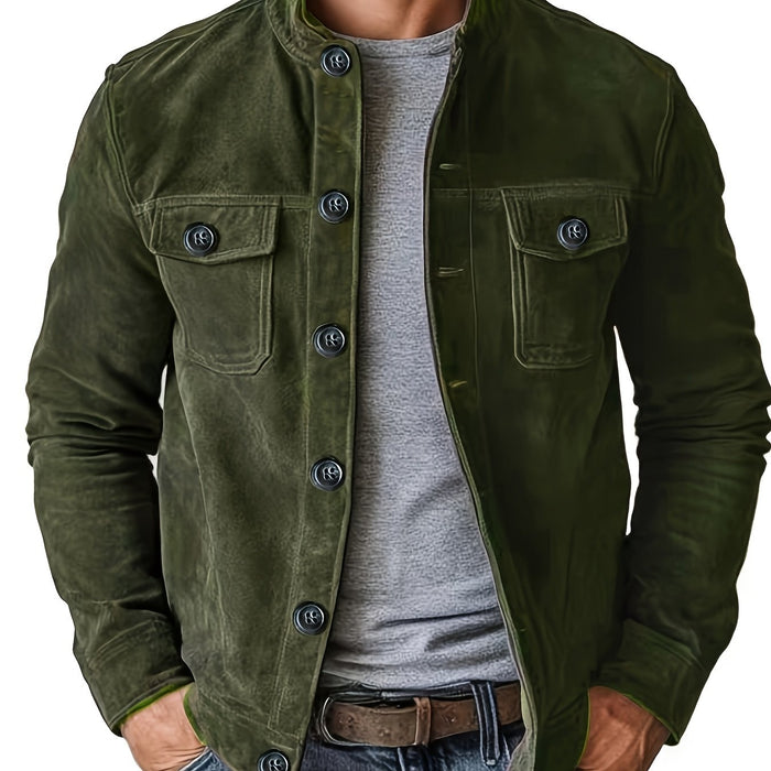 Heren Casual Jas met Knopen en Opstaande Kraag – Vintage Werkjas voor Voorjaar en Najaar
