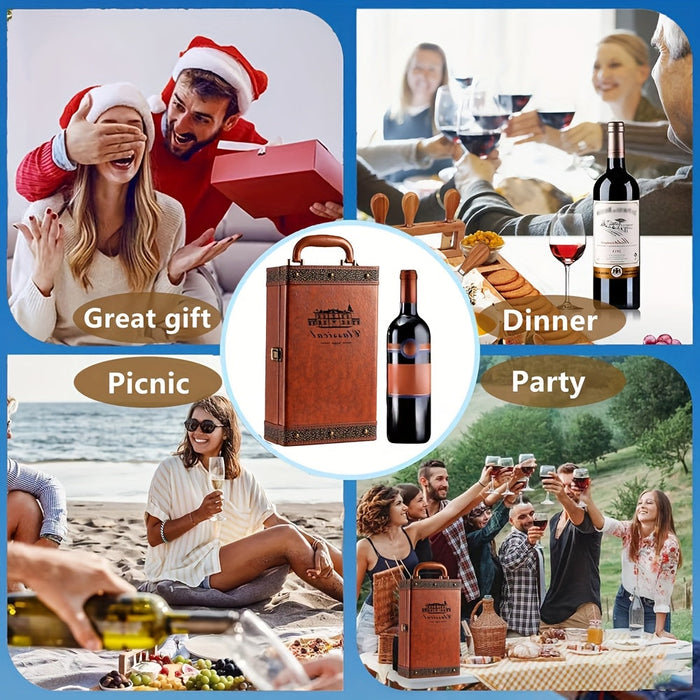 Classic 2-Flessen Wijndrager met Accessoires – Draagbare Cadeaubox