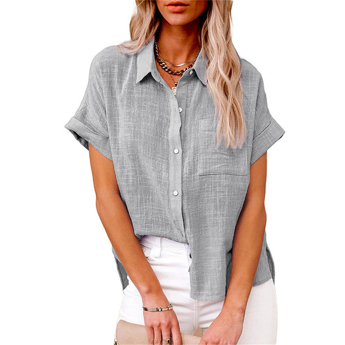 Linnen Blouse Dames met Knoopsluiting en Korte Mouwen