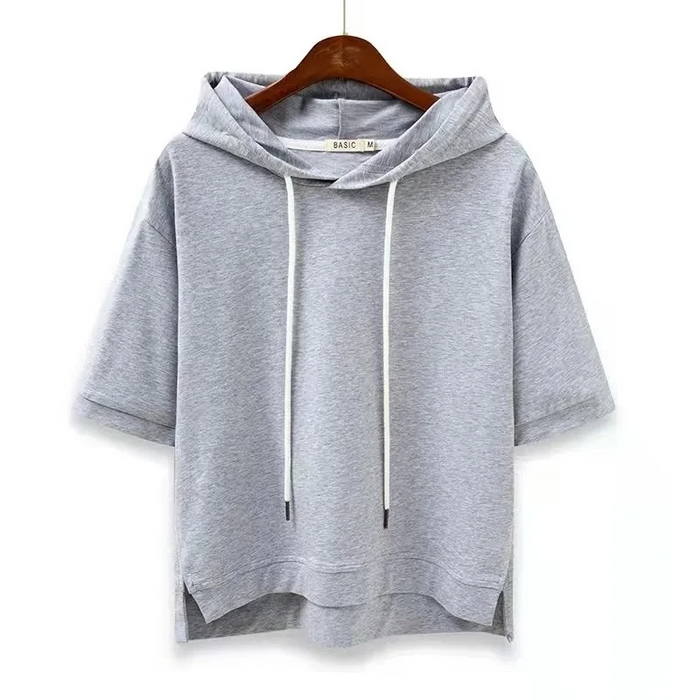 Sweat à capuche pour femmes à manches courtes en mélange de coton respirant et coupe boxy
