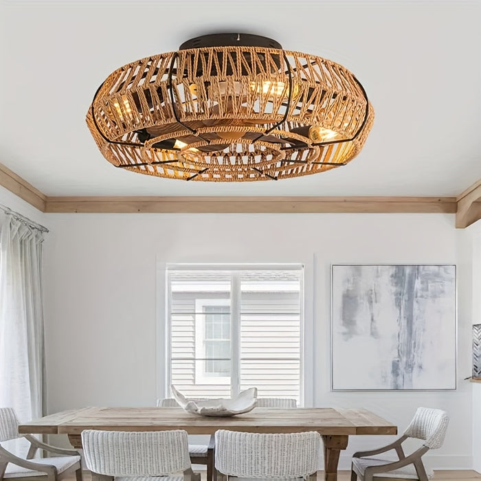 Handgeweven Rotan Plafondventilator – Zen Stijl en Functionaliteit