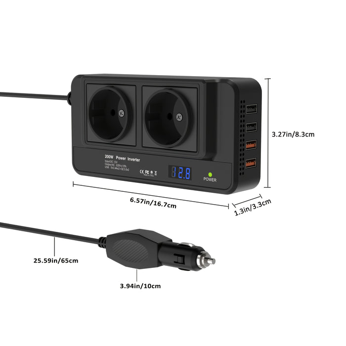 Compact 200W Auto Omvormer – Dual Sockets & Quad USB