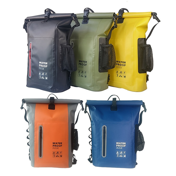 Waterdichte 25L roll-top rugzak met meerdere vakken, stevige gespafdichting en mesh zijvak