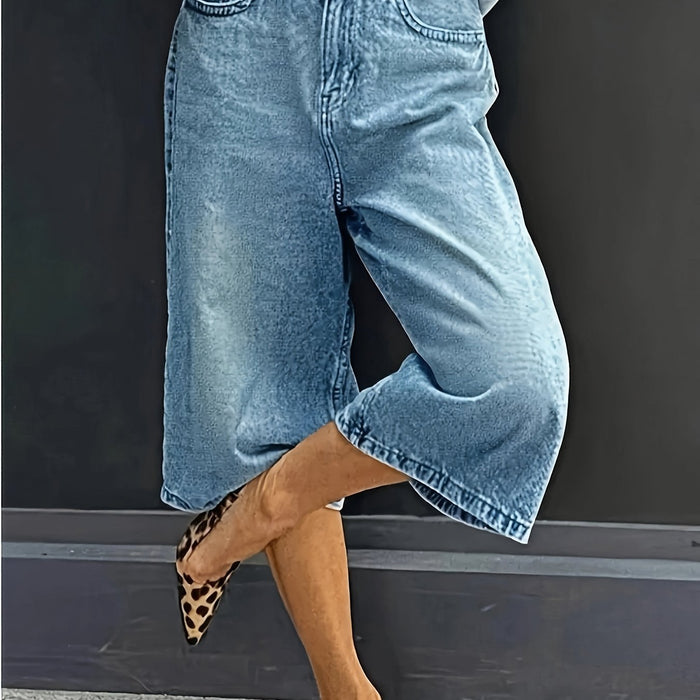 Plus Size High-Waisted Stretch Denim Shorts – Casual Wijde Zomerbroek met Zakken