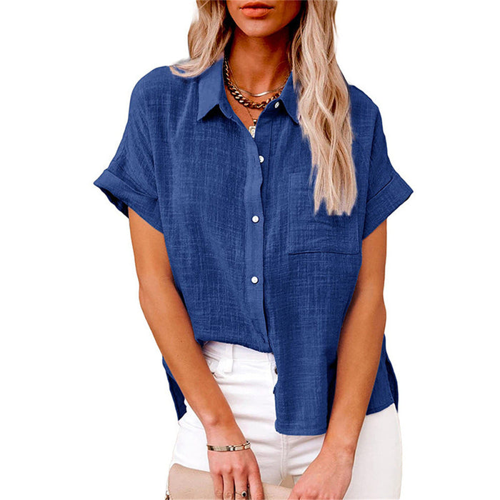 Linnen Blouse Dames met Knoopsluiting en Korte Mouwen
