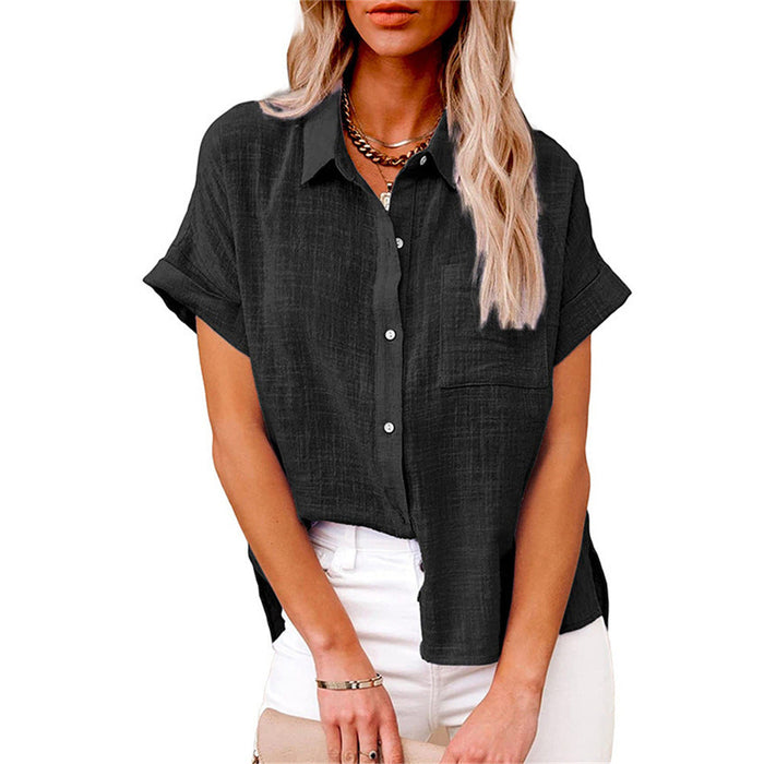 Linnen Blouse Dames met Knoopsluiting en Korte Mouwen