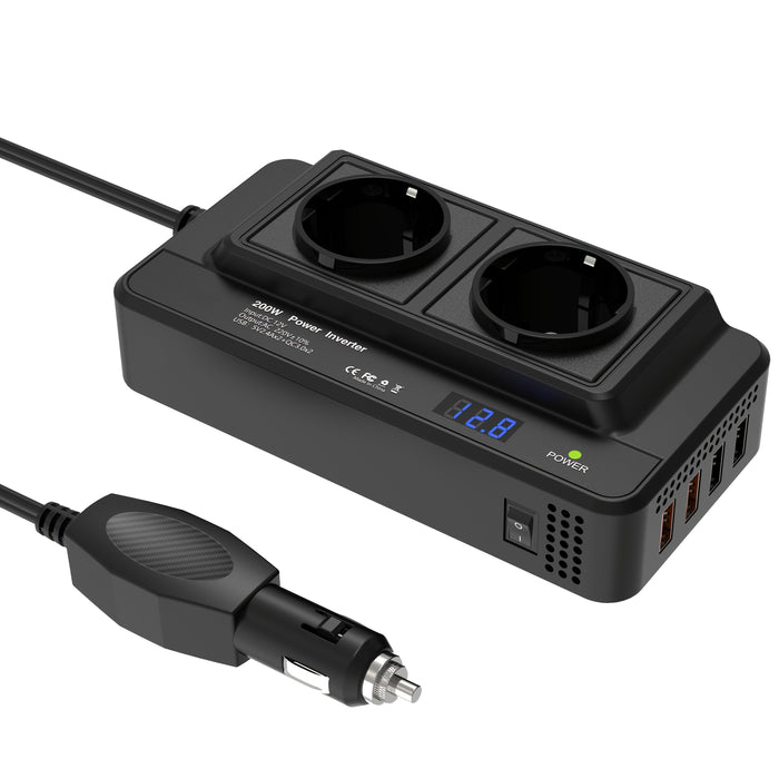 Compact 200W Auto Omvormer – Dual Sockets & Quad USB