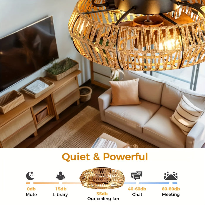 Handgeweven Rotan Plafondventilator – Zen Stijl en Functionaliteit