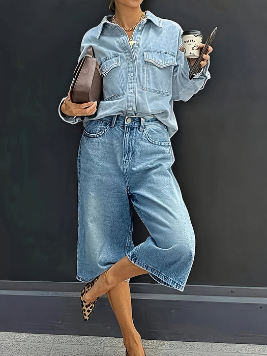 Plus Size High-Waisted Stretch Denim Shorts – Casual Wijde Zomerbroek met Zakken