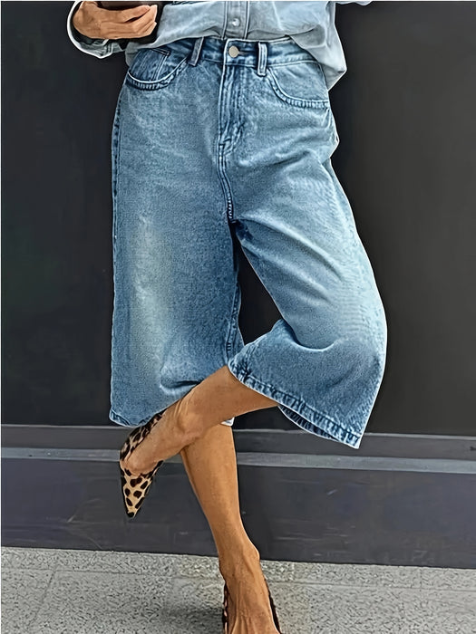 Plus Size High-Waisted Stretch Denim Shorts – Casual Wijde Zomerbroek met Zakken