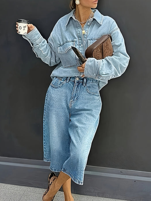 Plus Size High-Waisted Stretch Denim Shorts – Casual Wijde Zomerbroek met Zakken