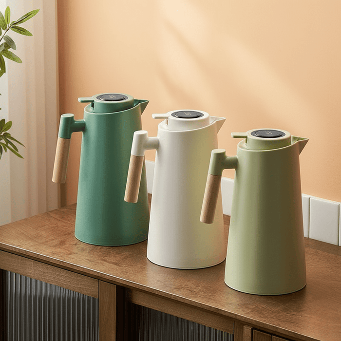 Termokande med temperaturvisning, dobbeltvægget rustfrit stål og træhåndtag 