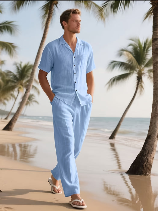 Heren Casual Linnen Set – Comfortabel en Luchtig met Lange Broek en Korte Mouw