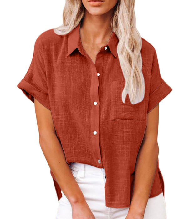 Linnen Blouse Dames met Knoopsluiting en Korte Mouwen