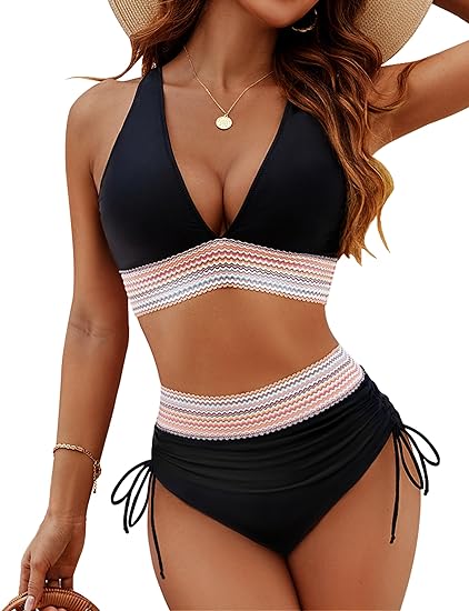 High waist bikini sæt med V-hals og justerbare stropper