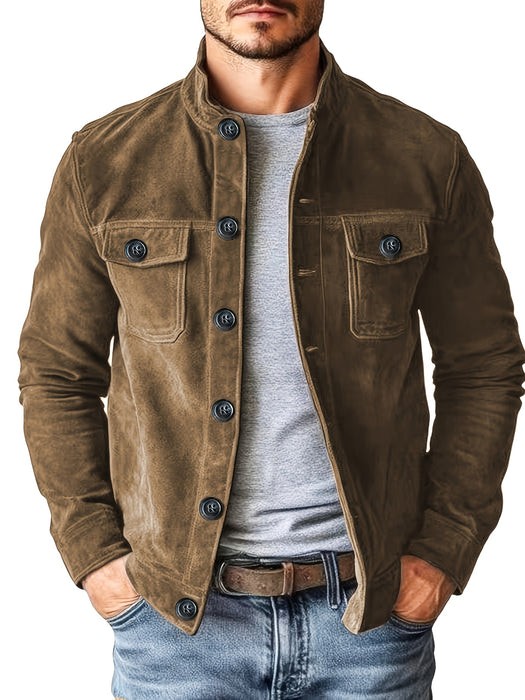 Heren Casual Jas met Knopen en Opstaande Kraag – Vintage Werkjas voor Voorjaar en Najaar