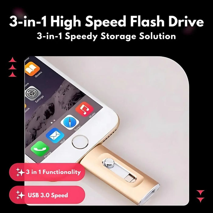 3-in-1 USB-muistitikku nopealla siirrolla ja laajalla yhteensopivuudella