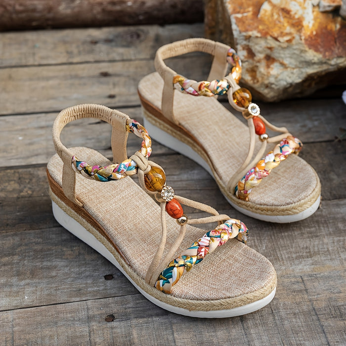 Bohemian handgeweven jute wedge sandalen met bloemen, kralen en verstelbare enkelband