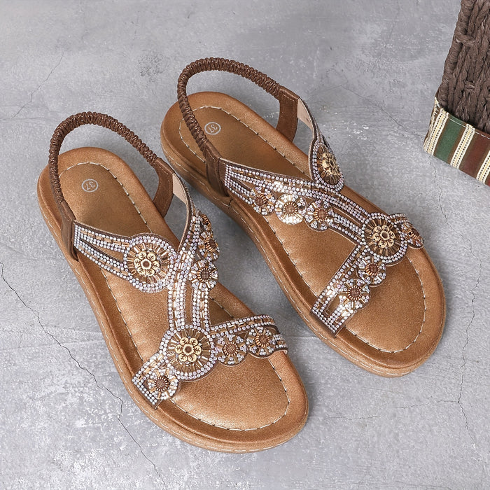 Dames Platte Sandalen met Strass Steentjes en Elastische Band in Boho Stijl