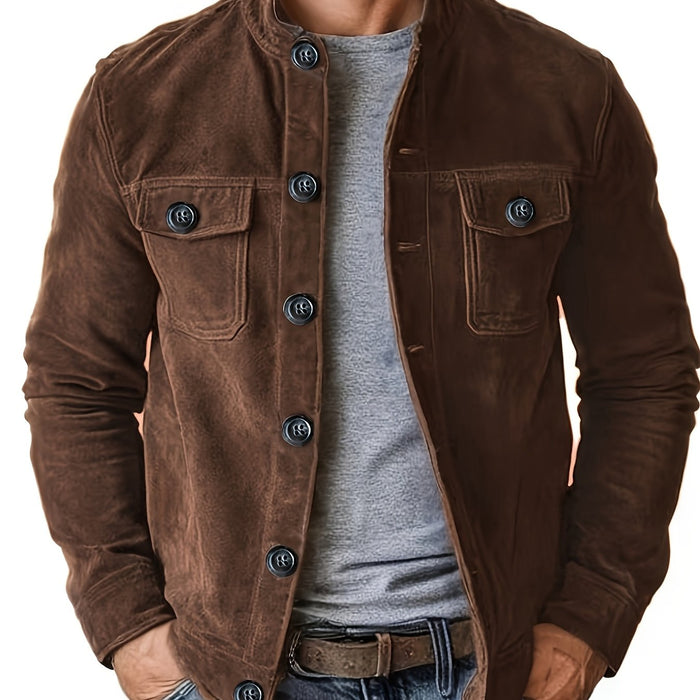 Heren Casual Jas met Knopen en Opstaande Kraag – Vintage Werkjas voor Voorjaar en Najaar