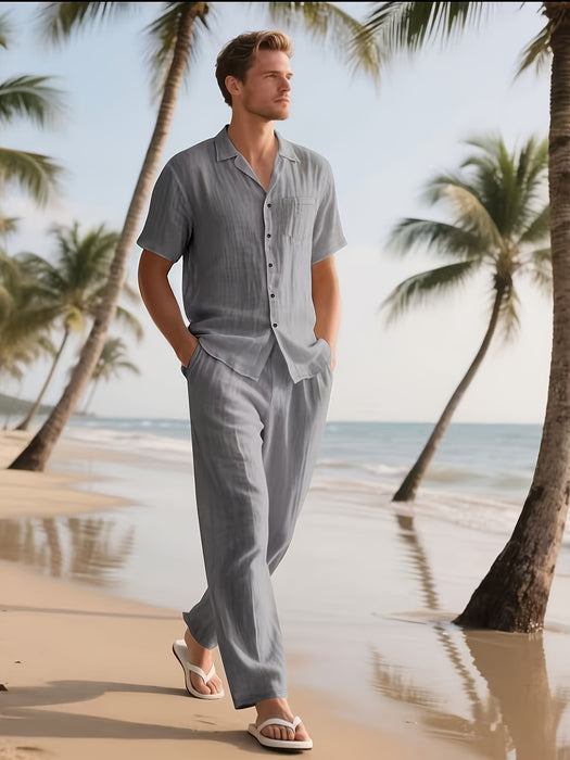 Heren Casual Linnen Set – Comfortabel en Luchtig met Lange Broek en Korte Mouw