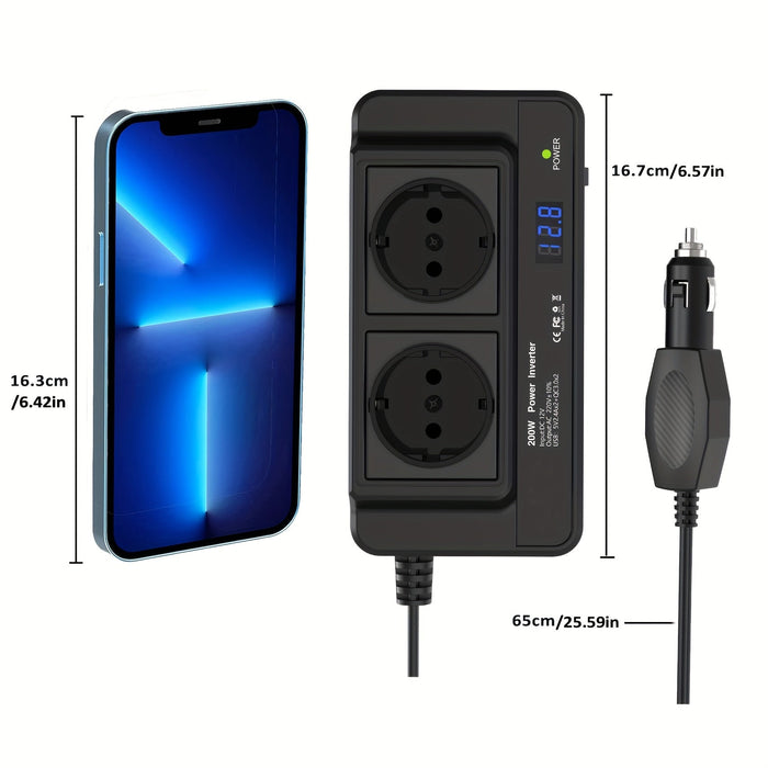 Compact 200W Auto Omvormer – Dual Sockets & Quad USB