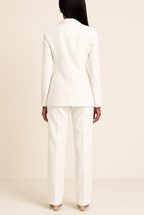 Damesæt med formelt jakkesæt og lang blazer – elegant og professionelt