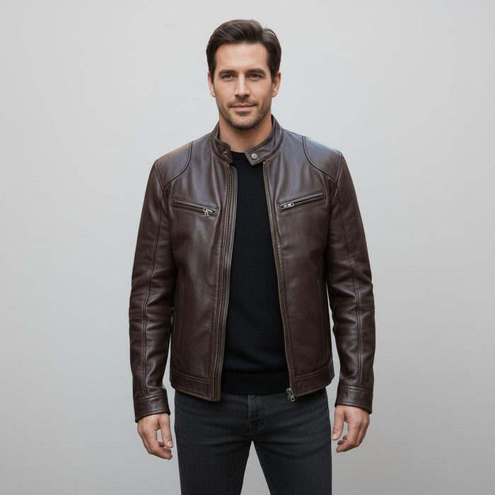 Herrelæderjakke med opretstående krave og lynlås – Tidløs, robust og komfortabel 