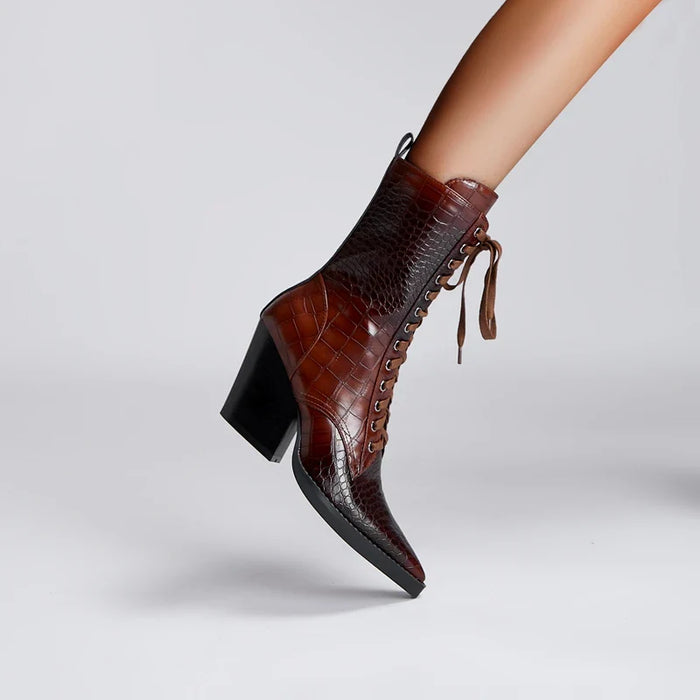 Dames Veterlaars met Croco Patroon – Western Stijl met Puntige Neus