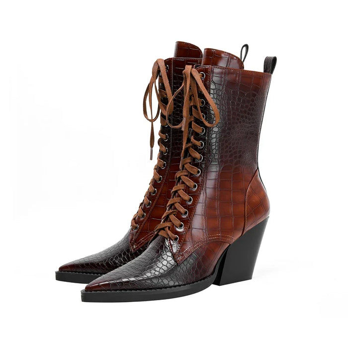 Dames Veterlaars met Croco Patroon – Western Stijl met Puntige Neus