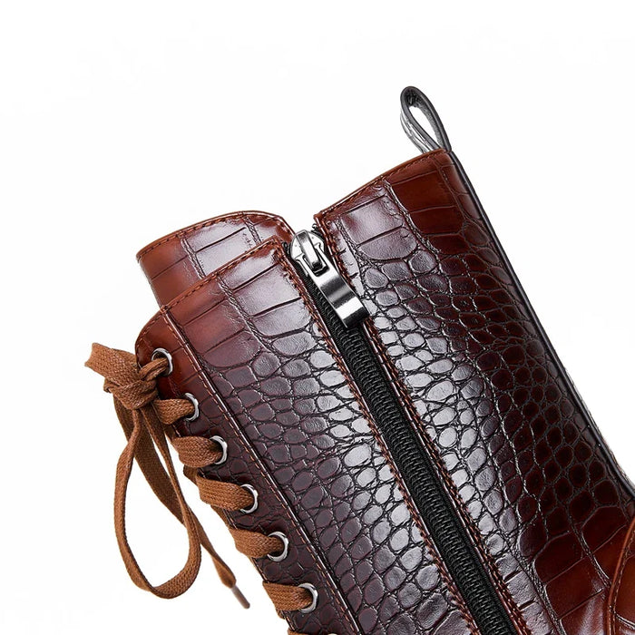 Dames Veterlaars met Croco Patroon – Western Stijl met Puntige Neus
