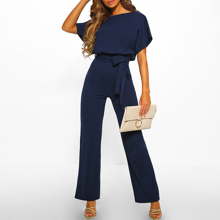 Elegante Dames Jumpsuit met Korte Mouwen en Tailleceintuur – Comfortabel en Stijlvol voor Formele Gelegenheden
