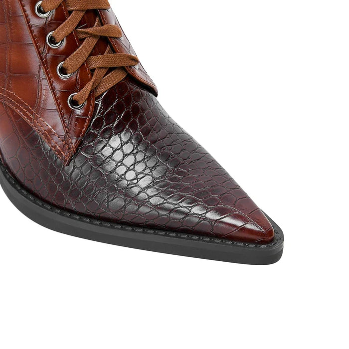 Dames Veterlaars met Croco Patroon – Western Stijl met Puntige Neus