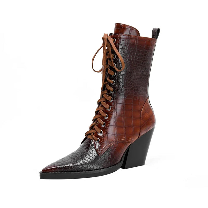 Dames Veterlaars met Croco Patroon – Western Stijl met Puntige Neus