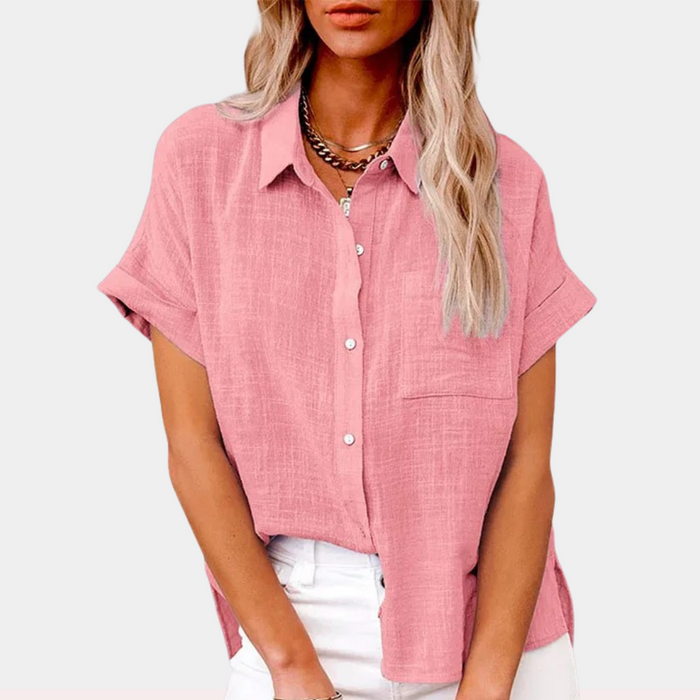 Linnen Blouse Dames met Knoopsluiting en Korte Mouwen
