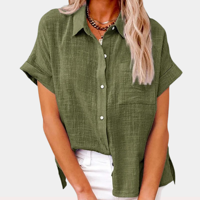 Linnen Blouse Dames met Knoopsluiting en Korte Mouwen