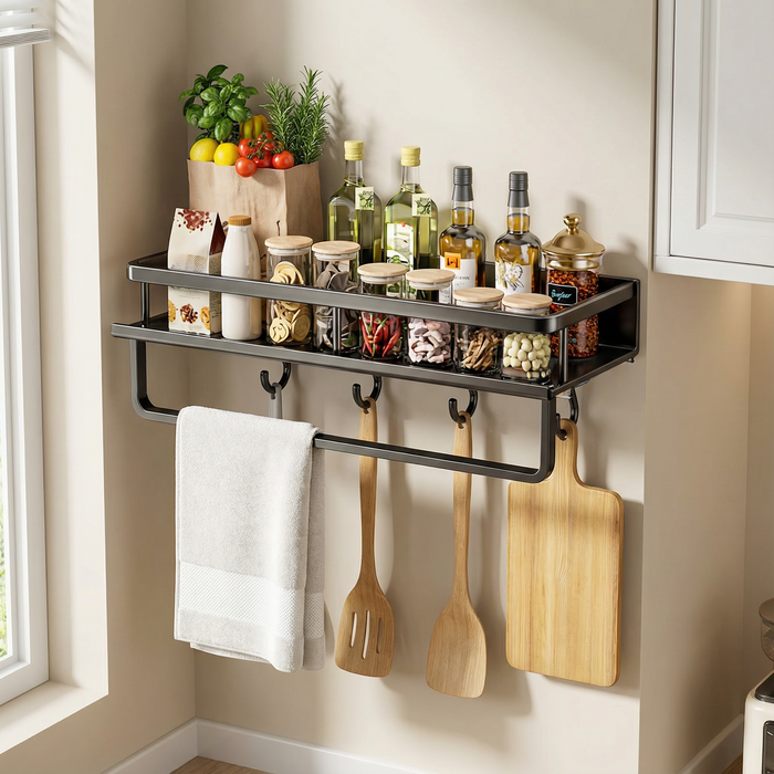 Køkkenvæghylde i metal, sort – Pladsbesparende opbevaringsreol med kroge
