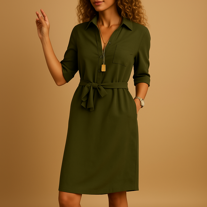 Elegante Midi-mekko kauluksella ja vyötärönauhalla