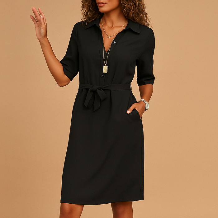 Elegante Midi-mekko kauluksella ja vyötärönauhalla