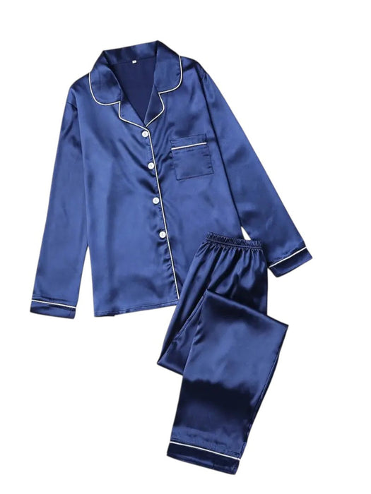 Dame satin pyjamassæt – lange ærmer med klassisk krave