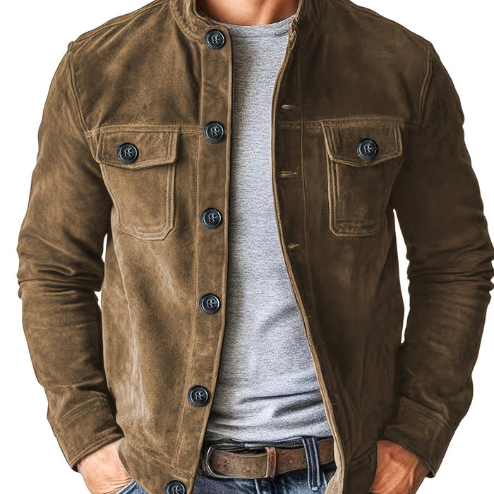 Heren Casual Jas met Knopen en Opstaande Kraag – Vintage Werkjas voor Voorjaar en Najaar