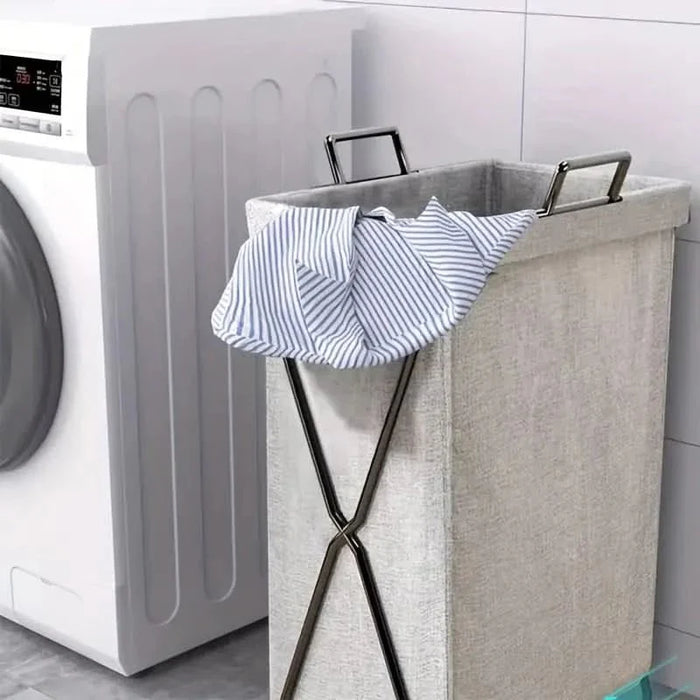Opvouwbare Wasmand met Metalen Frame en Geweven Stoffen Opbergzak