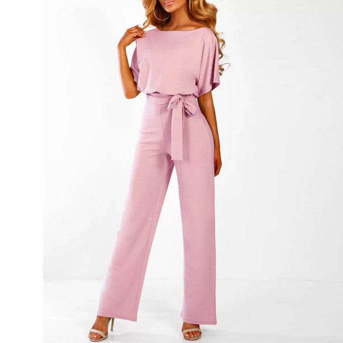 Elegante Dames Jumpsuit met Korte Mouwen en Tailleceintuur – Comfortabel en Stijlvol voor Formele Gelegenheden