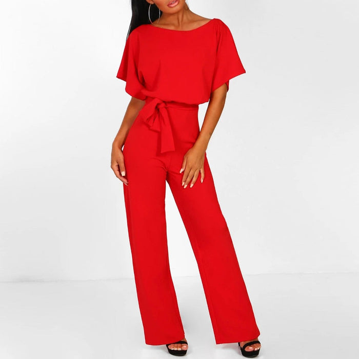 Elegante Dames Jumpsuit met Korte Mouwen en Tailleceintuur – Comfortabel en Stijlvol voor Formele Gelegenheden