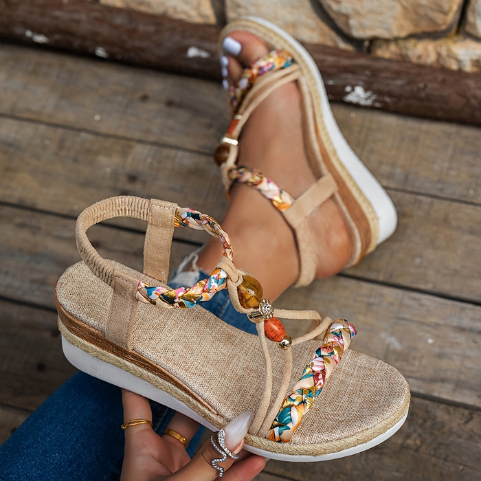 Bohemian handgeweven jute wedge sandalen met bloemen, kralen en verstelbare enkelband