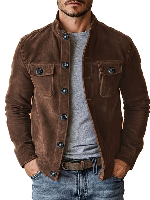 Heren Casual Jas met Knopen en Opstaande Kraag – Vintage Werkjas voor Voorjaar en Najaar