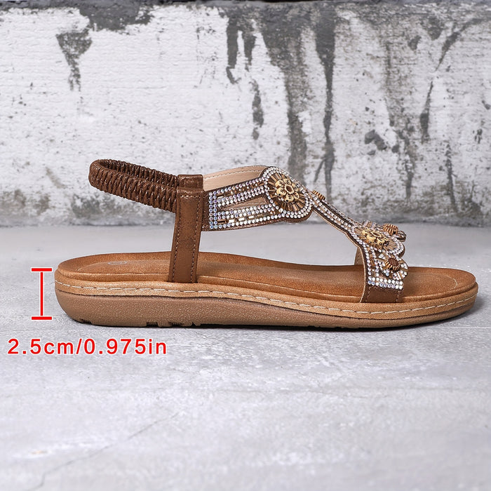 Dames Platte Sandalen met Strass Steentjes en Elastische Band in Boho Stijl
